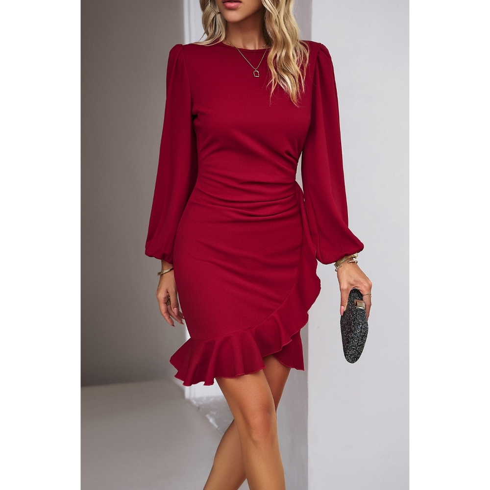 Green Ruched Ruffle Dress - Picture 9 of 9